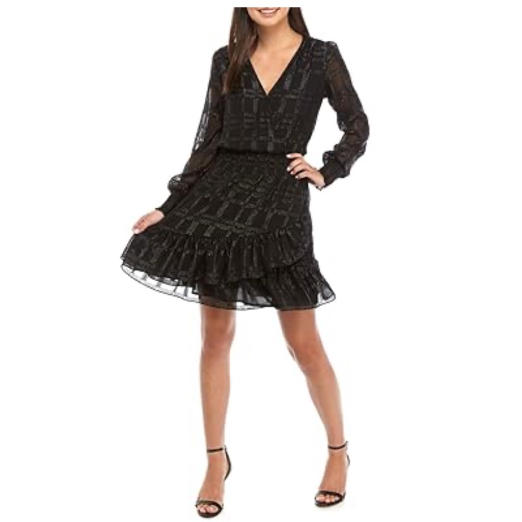 Michael Michael Kors Womenâs Shiny Plaid Smocked Ruffled Dress Black Sz Small